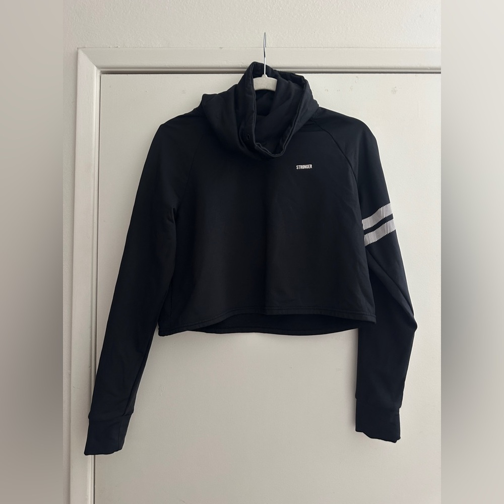 Black Cropped Sport Stronger Hoodie with Striped Sleeve